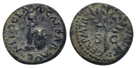 Nero Æ Quadrans. (15mm, 1.83 g) Rome, AD 64. NERO CLAVD CAESAR AVG, helmet on column, against which leans round shield decorated with gorgoneion; spea...
