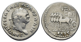VESPASIAN (Died 79). Denarius. Rome. "Judaea Capta" issue. Struck under Titus. 3.27 Gr. 19mm.
Laureate head right.
Rev: Empty quadriga advancing left;...