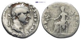 VESPASIAN, A.D. 69-79. AR Denarius Rome 3.2 Gr. 17mm.
 Laureate head of Vespasian facing right. 
Rev. Pax seated left, holding olive-branch and caduce...