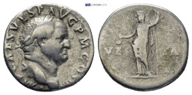 Vespasian AR Denarius. (18mm, 3.23 g) Rome, AD 72-73. IMP CAES VESP AVG P M COS IIII, laureate head right / VESTA, Vesta standing left, holding simpul...