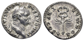 Vespasian AR Denarius. Rome, AD 74. 3.24 Gr. 19mm.
Laureate head right 
Rev. PON MAX TR P COS V, winged caduceus.