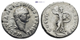 Domitian. 81-96 AD. Denarius. Rome, 81 AD. 3 Gr. 17mm.
 Head laureate right. 
Rev. Minerva advancing right brandishing spear and holding shield.