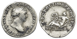 Trajan, 98 - 117 AD AR Denarius, Rome 3.2 Gr. 19mm.
 Laureate and draped bust of Trajan right. 
Rev. Via Trajana reclining left hlding wheel, VIA TRAI...