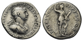 Trajan, 98 - 117 AD Silver Denarius, Rome 3.56 Gr. 18mm.
Laureate and draped bust of Trajan right
Rev.Virtus standing right with foot on globe, holdin...