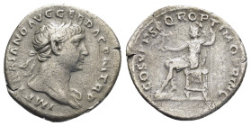 Trajan. A.D. 98-117. AR Denarius. Rome. 2.94 Gr. 19mm.
Laureate head right, draped left shoulder 
Rev. Roma seated left, holding Victory and spear.