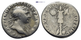 Trajan. AD 98-117 Rome mint. AR Denarius. (18mm, 3.4 g) IMP TRAIANO AVG GER DAC P M TR P, Laureate bust right, slight drapery on far shoulder. / COS V...