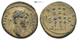 Hadrian AD 134-138 Quadrans. Rome. AE. 3.1 Gr. 17mm.
Laureate head right 
Rev. COS III, three standards, S-C across fields.