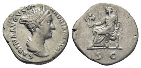 SABINA (Augusta, 128-136/7). Denarius. (17mm, 3.31 g) Rome. Obv: SABINA AVGVSTA HADRIANI AVG P P. Draped bust right. Rev: S C. Vesta seated left on th...