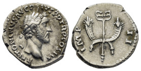 Antoninus Pius AR Denarius. Rome, AD 143-144. 3.2 Gr. 18mm.
Laureate head right 
Rev. Caduceus between two crossed cornucopiae. IMP II.