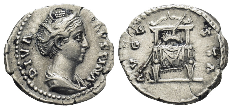 Diva Faustina AD 140-141. Rome AR Denar 3.4 Gr. 18mm.
Draped bust right 
Rev. Th...