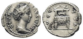 Diva Faustina AD 140-141. Rome AR Denar 3.4 Gr. 18mm.
Draped bust right 
Rev. Throne, on which is a wreath, with a sceptre in front.
