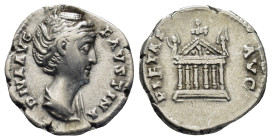 Diva Faustina I, died AD 140/1. AR Denarius Rome. 3.53 Gr. 17mm.
Bust of Faustina I, draped, right, hair elaborately waved in several loops round head...