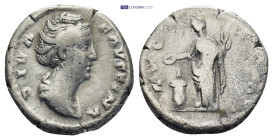 Diva Faustina I. Denarius. Died 141 AD. Denarius, Rome. 3.2 Gr. 17mm.
Bust draped right. 
Rev. Vesta standing left holding patera over altar and Palla...