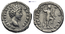 Marcus Aurelius, as Caesar, AR Denarius. (17mm, 3.44 g) Rome, AD 158-159. AVRELIVS CAES AVG PII F, bare head to right / TR POT XIII COS II, Virtus, he...