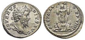 Septimius Severus AR Denarius. (18mm, 3.13 g) Rome, AD 201. SEVERVS - PIVS AVG, laureate head right / PART MAX P M TR P VIII, bound captive seated to ...