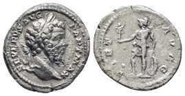 Septimius Severus AR Denarius. (19mm, 2.99 g) Rome, AD 202-120. SEVERVS AVG PART MAX, laureate bust right / VIRT AVGG, Virtus standing left, holding V...