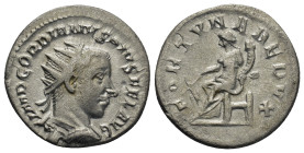 Gordian III. A.D. 238-244. AR antoninianus. Antioch, A.D. 243. 4.12 Gr. 22mm.
Radiate and cuirassed bust of Gordian III right 
Rev. Fortuna seated lef...