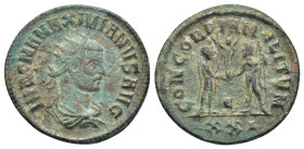 Maximianus. First reign, AD 286-305. Antoninianus (20mm, 3.8 g). Cyzicus mint, 5th officina. Radiate, cuirassed, and draped bust right, seen from behi...