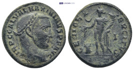Galerius Maximianus AE Nummus (21mm, 6.68), 308-309. Obv: IMP C GAL VAL MAXIMIANVS P F AVG, laureate head to right Rev: GENIO IMPERATORIS, Genius, wea...