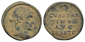Constantinus I the Great AD 306-337. Antioch Follis Æ (18mm., 1,64 g). No legend, laureate head right / wreath above CONSTAN TINVS AVG SMANTΓ in four ...