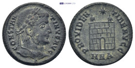 Constantinus I the Great AD 306-337. Nicomedia Follis Æ (19mm, 3.23 g). CONSTANTINVS AVG, laureate head right / PROVIDENTIAE AVGG, camp gate, with two...