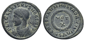 Crispus (Caesar, 316-326). Æ Follis (19mm, 3.0 g). Thessalonica, 320-1. Laureate, draped and cuirassed bust l. R/ VOT X within wreath; TSΔVI.