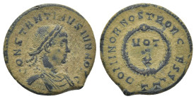 Constantine II, as caesar (Constantine I, 306-337), Nummus, Ticinum, AD 322-325; AE (18mm, 2.95 g); CONSTANTINVS IVN NOB C, laureate, draped and cuira...