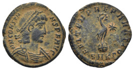 Constans AD 337-350. Cyzicus Follis Æ (18mm, 2,8 g). D N CONSTANS P F AVG, pearl-diademed, draped, and cuirassed bust right / FEL TEMP REPARATIO, radi...