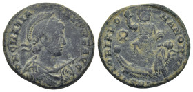 Gratian (367-383). Æ (23mm, 5.24 g). Nicomedia, 367-375. Helmeted, draped and cuirassed bust r., holding spear and shield. R/ Emperor standing facing ...