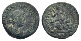 Valentinian II Æ (13mm, 1.5 g). Cyzicus, AD 383-392. D N VALENTINIANVS P F AVG, pearl-diademed, draped and cuirassed bust to right / SALVS REI PVBLICA...