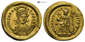 Theodosius II AV Solidus. Constantinople, AD 441-450. 4.52 Gr. 21mm.
Helmeted, pearl-diademed and cuirassed bust three quarters facing, holding spear ...