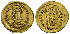 Valentinianus III. (425-455 AD). AV Solidus (21mm, 4.47g), Constantinople, c. 450-455. Obv. D N VALENTINIANVS P F AVG, pearl-diademed, helmeted, and c...