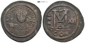 Justinian I (527-565) AE Follis (41mm, 23.0 g) Constantinople, 538/9 Obv.: D N IVSTINIANVS P P AVG, Crowned bust facing, crossglobe. Rev.: Large M abo...