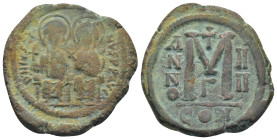Justin II and Sophia, AE, Follis.(30mm, 14.6 g) Constantinople. 565-578 AD. Obv: DN IVSTINVS PP AV[G], Justin II and Sophia nimbate and seated on lyre...