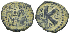 Justin II, with Sophia (565-578 AD). Antioch AE Half Follis (23mm, 6.3 g) Obv: Justin II, holding scepter in his right hand, and Sophia, holding scept...