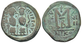 Justin II. 565-578. Æ follis (28mm, 14.1 g). Nicomedia, RY 8 (572/3). Justin and Sophia seated facing on double-throne, each holding globus-cruciger a...