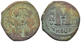 Justin II. 565-578. AE follis (29mm, 14.13 g). Antioch mint, dated A.D. 571/2. D N IVSTINVS PP AV (or similar), Justin II and Sophia seated on throne ...