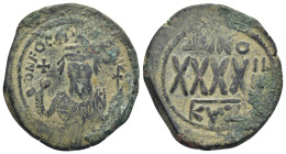 Phocas (602-610 AD). Kyzikos. Dated RY 4 (605-606 AD) AE Follis (30mm, 12.3 g) Obv: Crowned bust of Phocas facing, wearing consular robes, holding map...