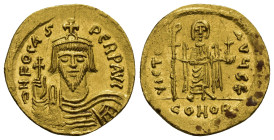 Phocas AV Solidus. (21mm, 4.40 g) Constantinople, 607-609. Crowned, draped and cuirassed facing bust, holding cross / Angel standing facing, holding g...