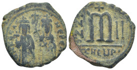 Phocas. 602-610. Æ Follis (26mm, 9.2 g). Antioch, Year 2 = 603/604. O N FOCA NЄ PЄ AV, Phocas on left and Leontia on right, standing facing; he holds ...