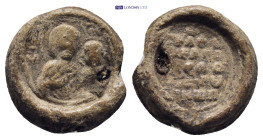Byzantine Lead Seal (15mm, 4.12 g) Obv: Nimbate and draped half length bust of the Virgin Mary, facing slightly to right, presenting the youthful Chri...