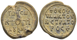 Byzantium lead seal 8th century  (31mm, 28.52 g)
Obv.  Cruciform monogram. Letters include:  K  N  T  B
A pray God help your servant.Wreath border.C...