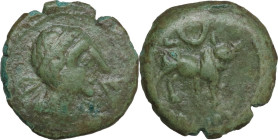 Hispania. Iberia, Castulo. AE 18 mm, 2nd century BC. Obv. Diademed head right. Rev. Bull standing right; above, crescent. SNG Cop. 213-216. AE. 4.66 g...