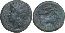 Greek Italy. Central and Southern Campania, Neapolis. AE 18 mm. c. 275-250 BC. Obv. NEOΠOΛITΩN. Laureate head of Apollo left. Rev. Man-headed bull wal...