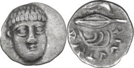Greek Italy. Central and Southern Campania, Phistelia. AR Obol, c. 325-275 BC. Obv. Male head facing slightly right. Rev. Dolphin, barley grain and mu...