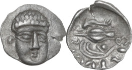 Greek Italy. Central and Southern Campania, Phistelia. AR Obol, c. 325-275 BC. Obv. Male head facing slightly right. Rev. Dolphin, barley grain and mu...