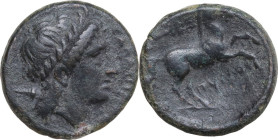 Greek Italy. Northern Apulia, Salapia. AE 22 mm, 225-210 BC. Obv. Laureate head of Apollo right. Rev. Horse galloping right; above, trident. HN Italy ...