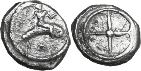 Greek Italy. Southern Apulia, Tarentum. AR Nomos, 480-470 BC. Obv. Phalanthos riding on dolphin right; below, scallop shell. Rev. Wheel with four spok...