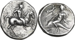 Greek Italy. Southern Apulia, Tarentum. AR Nomos, c. 340-332 BC. Obv. Warrior on horseback galloping right, holding spear and shield. Rev. Phalanthos ...