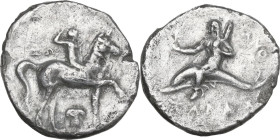Greek Italy. Southern Apulia, Tarentum. AR Nomos, 280-272 BC. Obv. Horseman right, crowning himself; below, Ionic capital. Rev. Phalanthos riding on d...